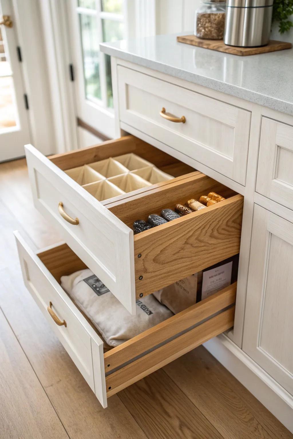 Upgrade lower pantry shelves with elegant pull-out drawers—pretty, practical, back-saving storage.