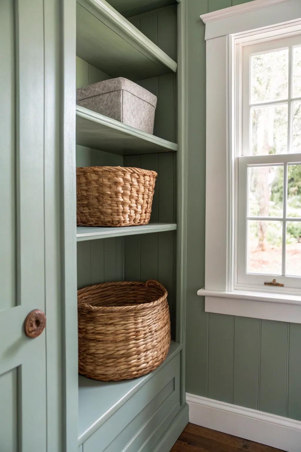 Monochrome pantry paint makes tiny shelves feel built-in—let baskets and jars take center stage.