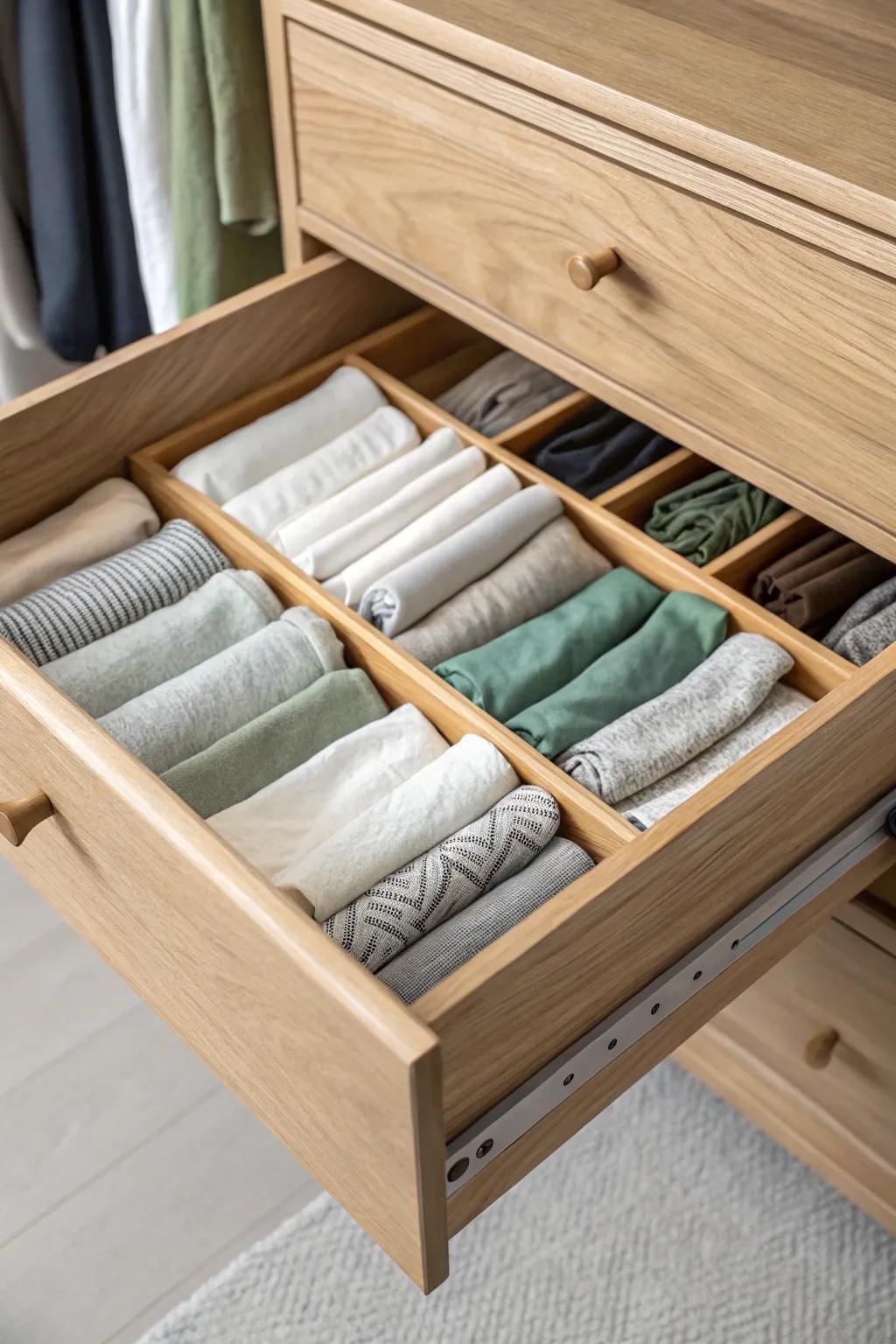 File-folded leggings + a simple drawer divider: no more digging, just easy outfits.