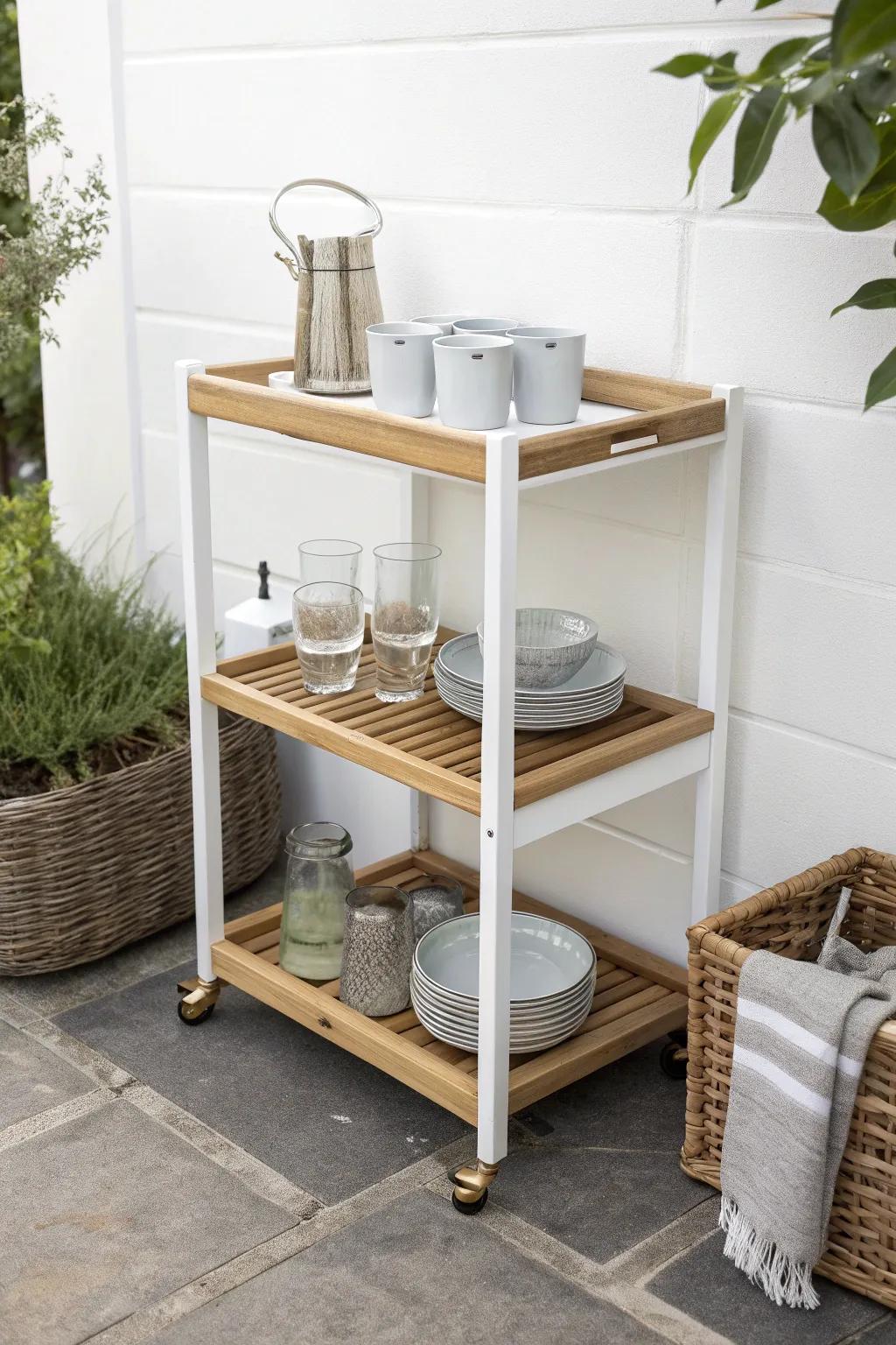 A slim rolling bar cart keeps drinks and essentials tidy—then tucks neatly against the wall.