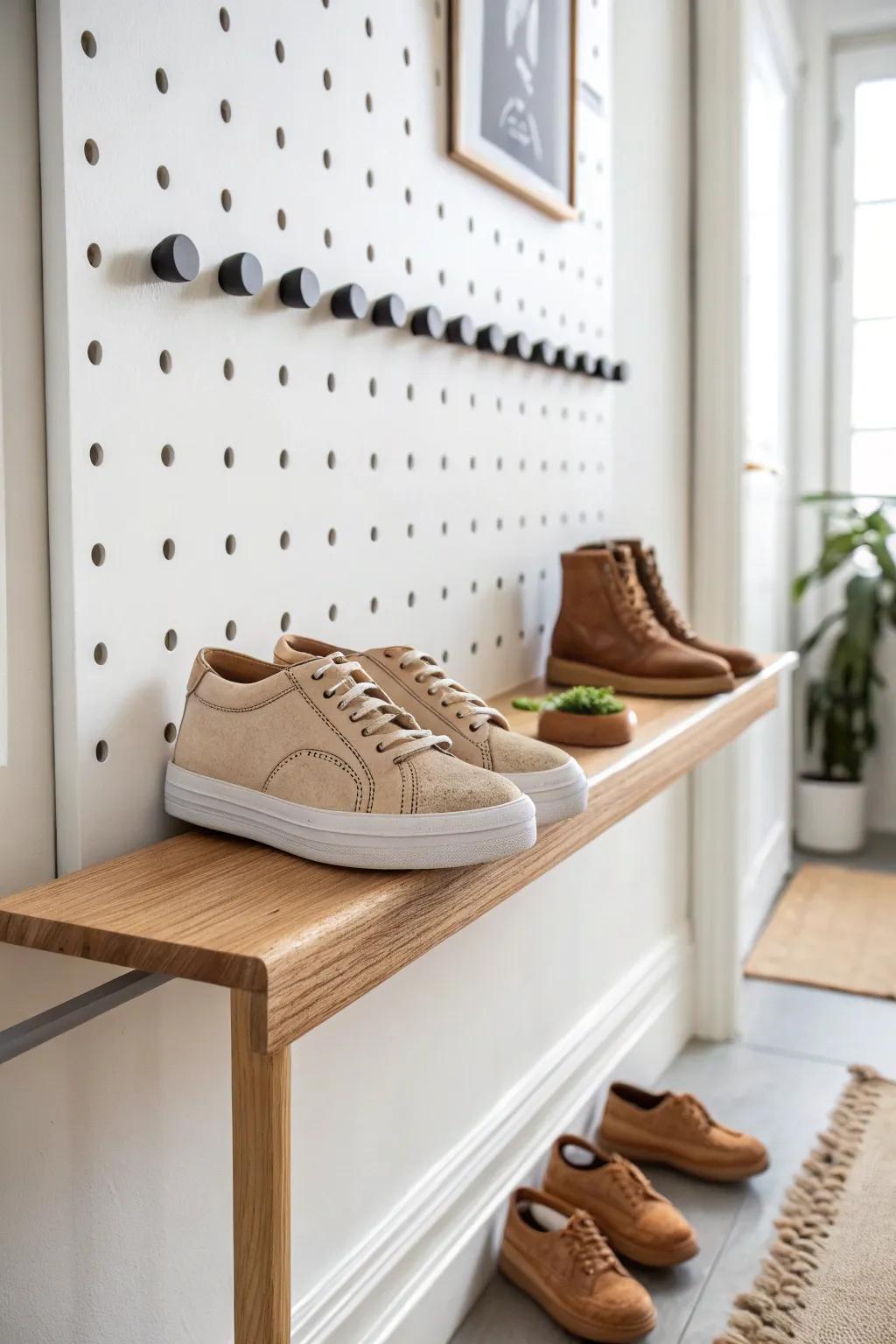 A sleek pegboard shoe shelf keeps your entryway clear—just two pairs in the “shoe zone.”