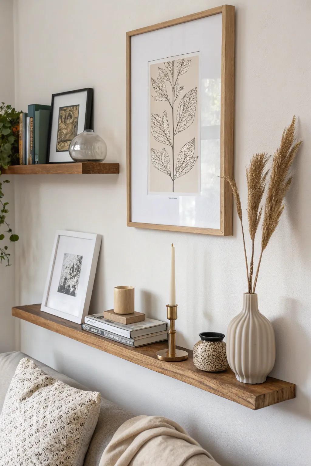 Asymmetrical picture ledge styling: a heavier cluster on one side, airy accents on the other.
