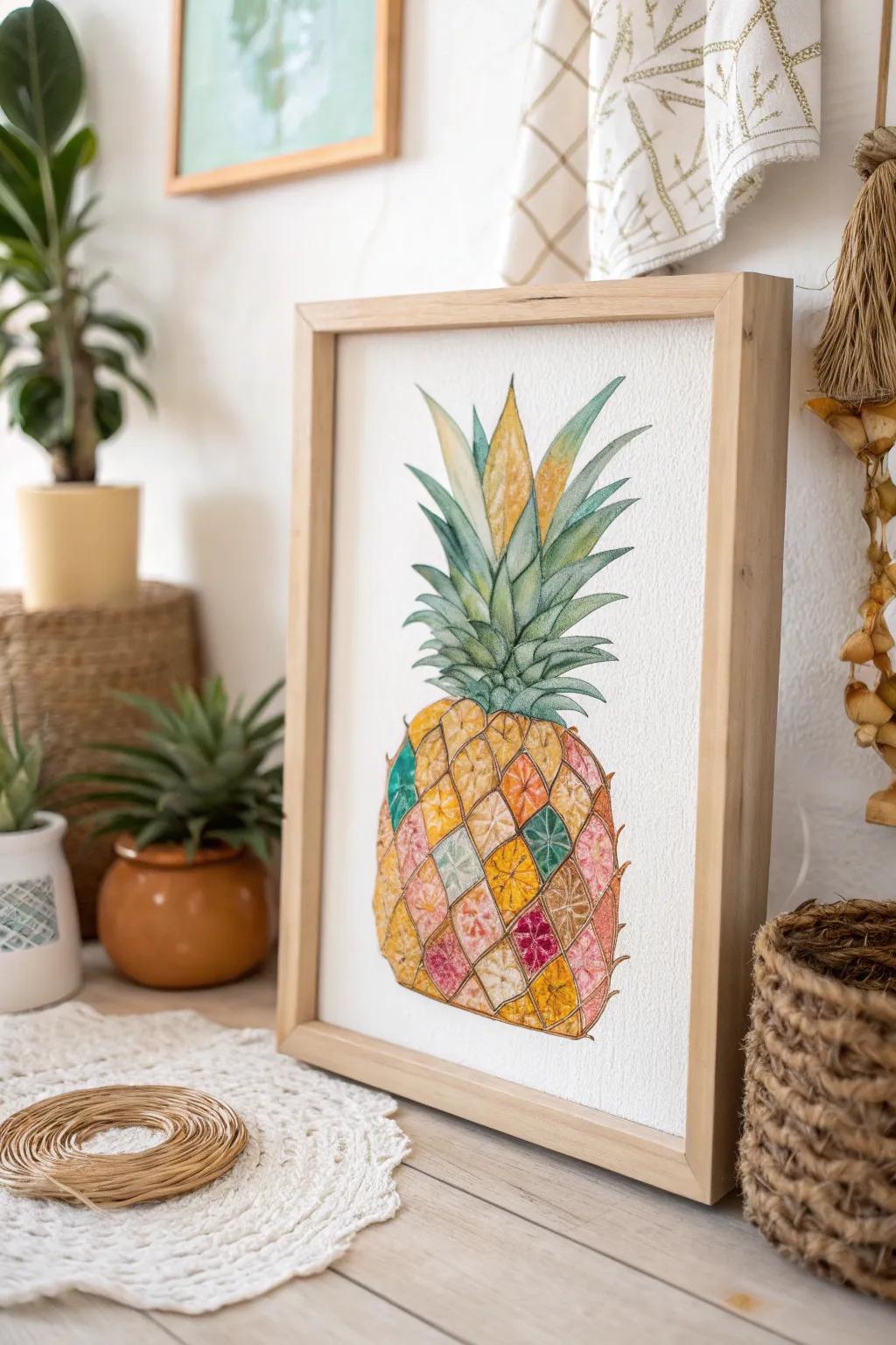 Discover the beauty of mixed media with this vibrant pineapple masterpiece.