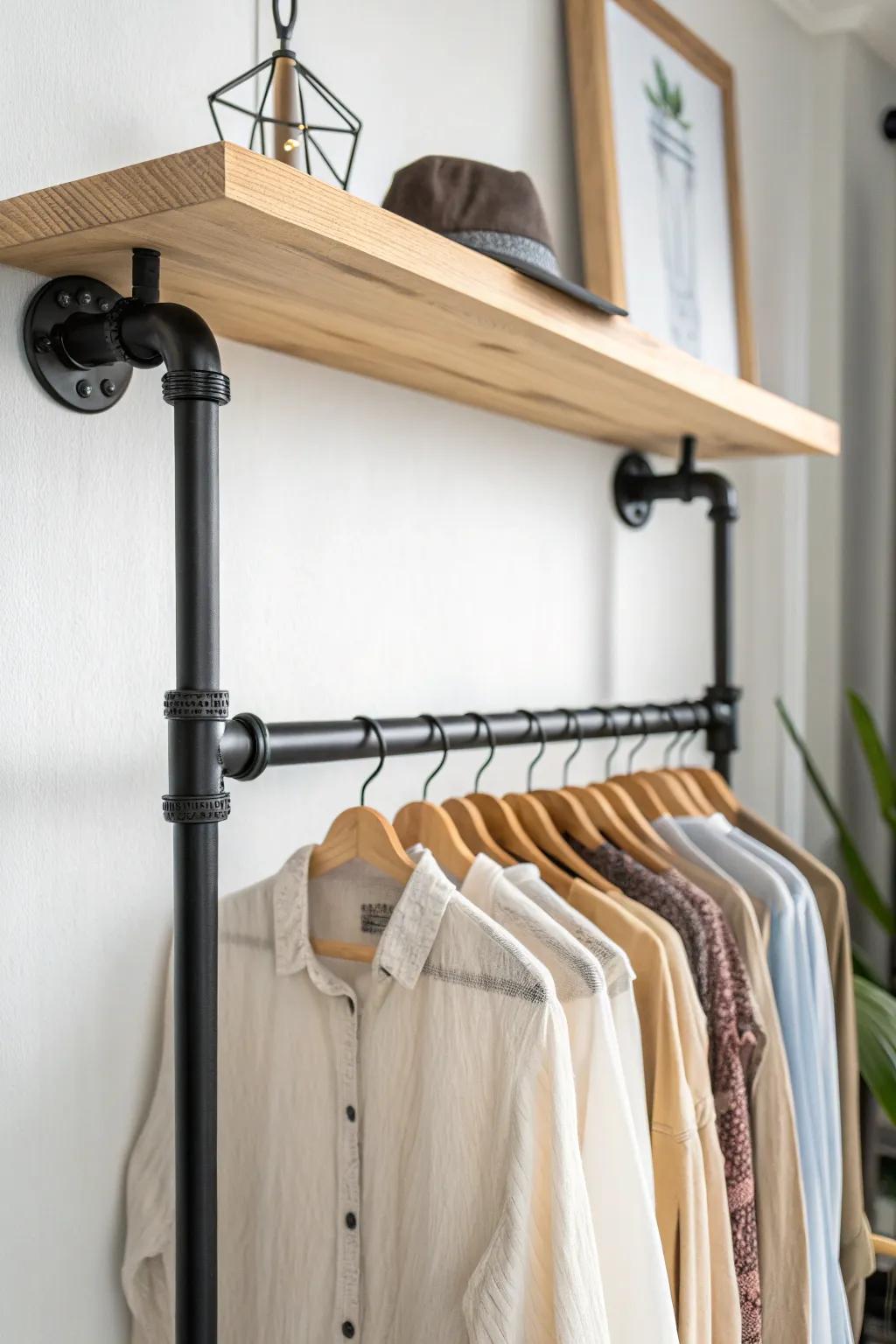 DIY closet pipe shelf with hanging rod—minimal, boho warmth that doubles small-space storage.