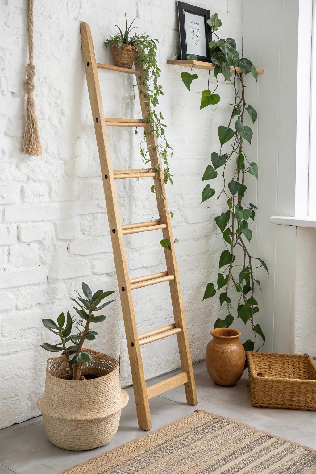 Leaning ladder plant corner with cascading vines—minimal, airy, and beautifully space-saving.