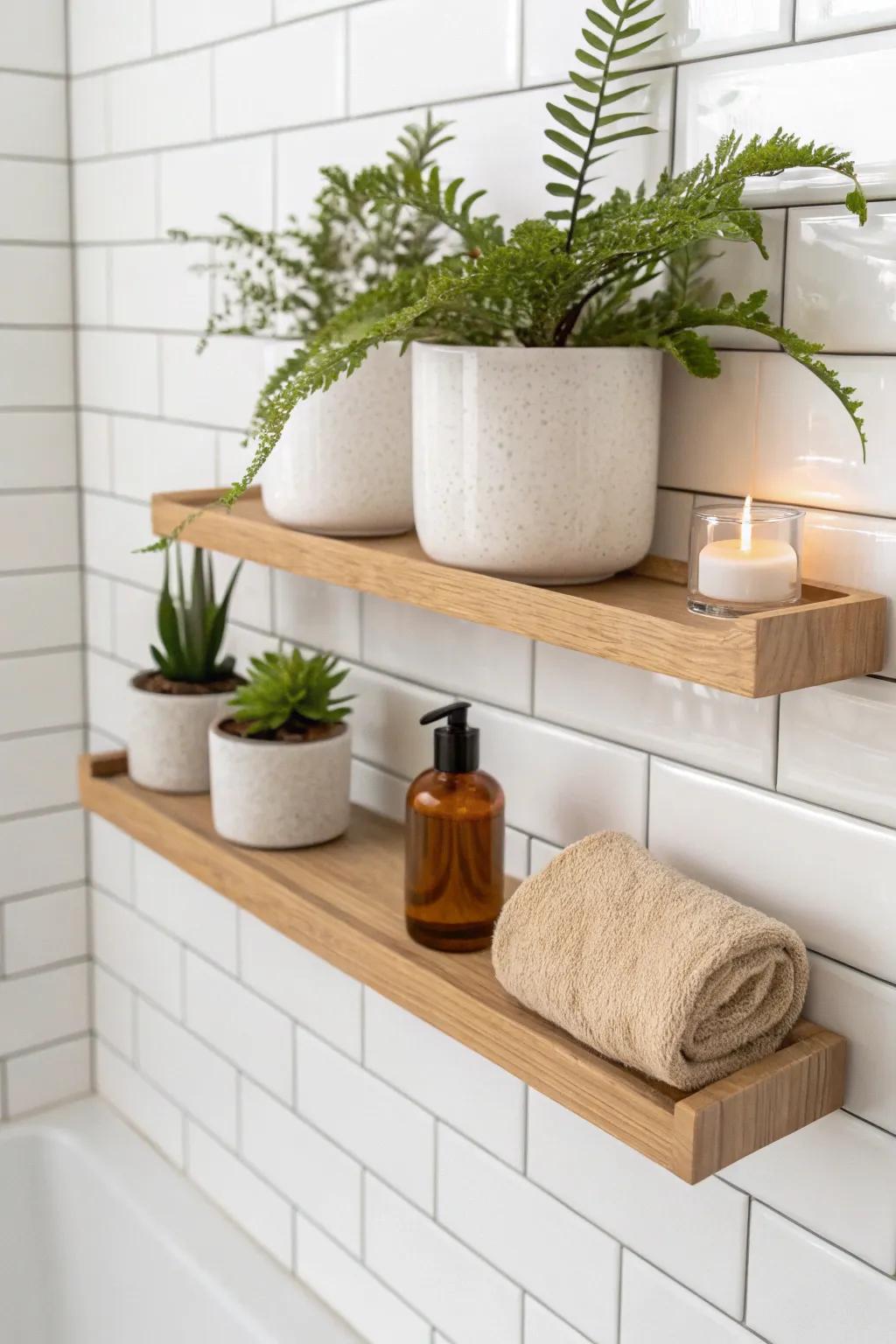Tiny bathroom, big spa energy: one floating shelf styled with humidity-loving plants.