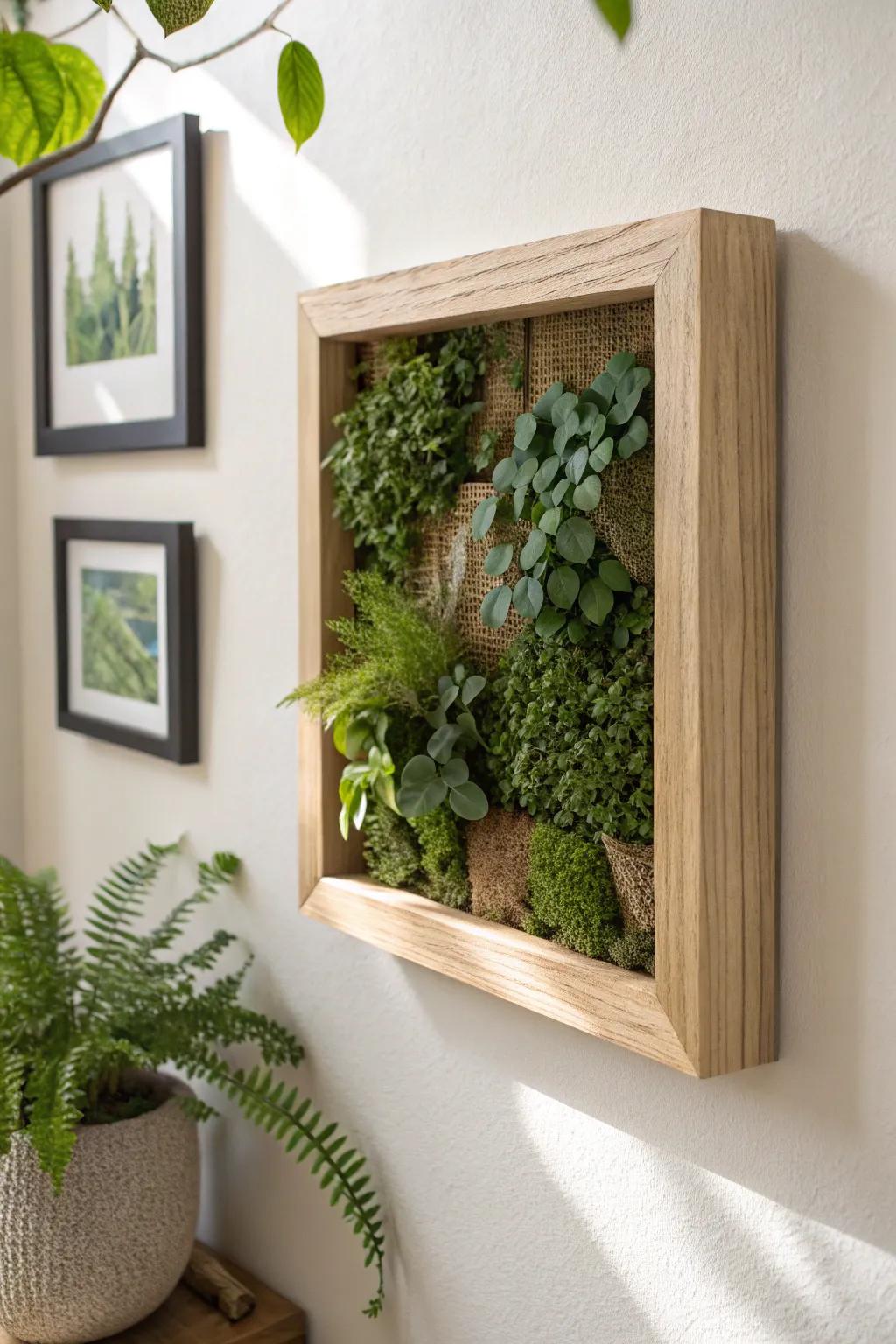 A living wall frame that turns compact greenery into art—polished, calm, and space-smart.