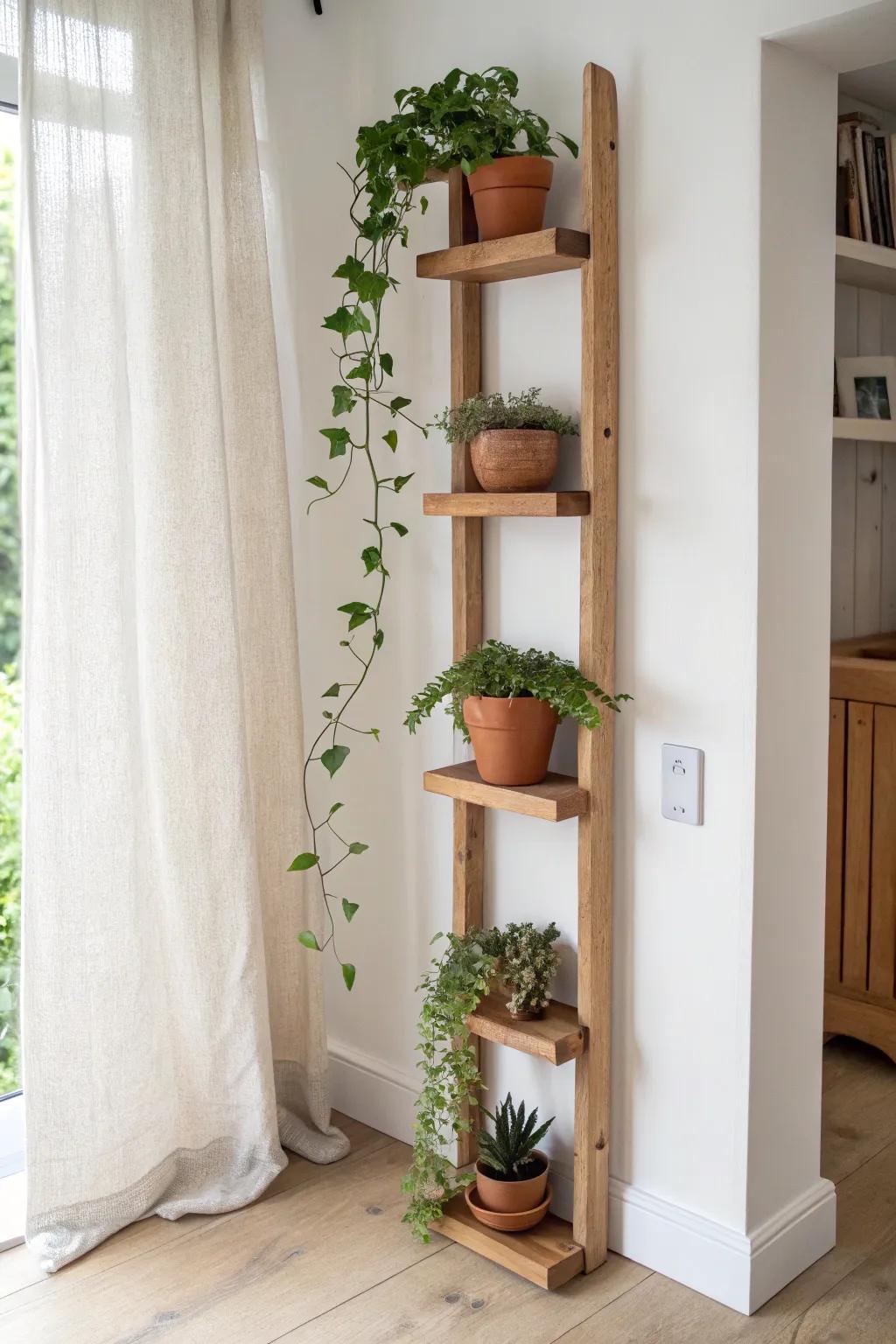 Turn a narrow wall strip into a chic plant display with a slim vertical plank shelf.