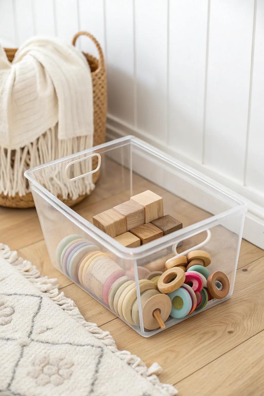 Clear bins keep toys visible and tidy—lightly filled for stress-free sorting in minutes.