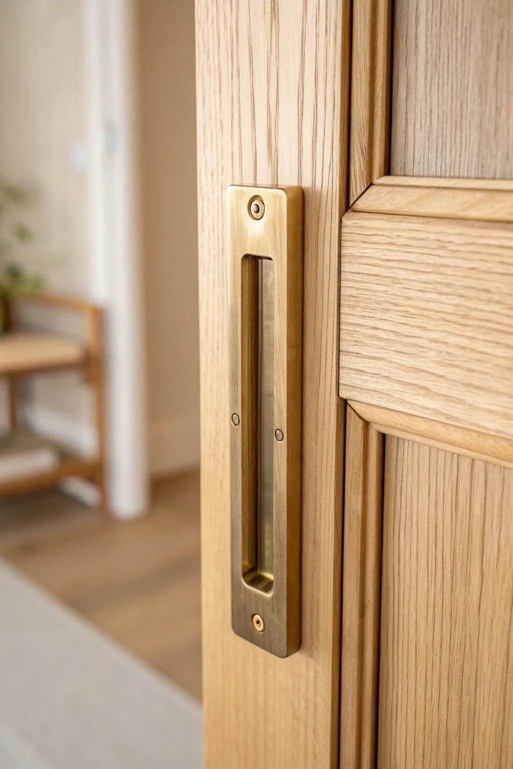 Warm brushed brass on oak: a simple pocket door pull that makes the space feel designed.