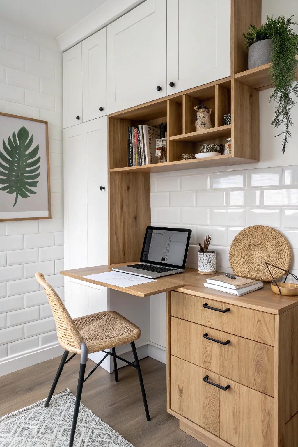 Kitchen-corner pocket office: fold-down oak desk, calm Scandinavian styling, clutter-free.