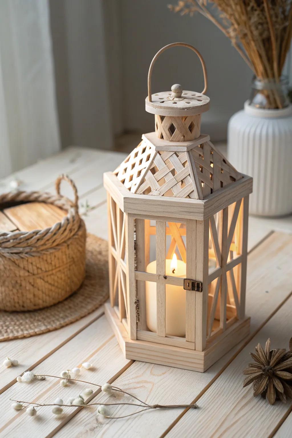 Illuminate your space with the enchanting glow of a handcrafted popsicle stick lantern. Perfect for adding warmth and charm to any room.
