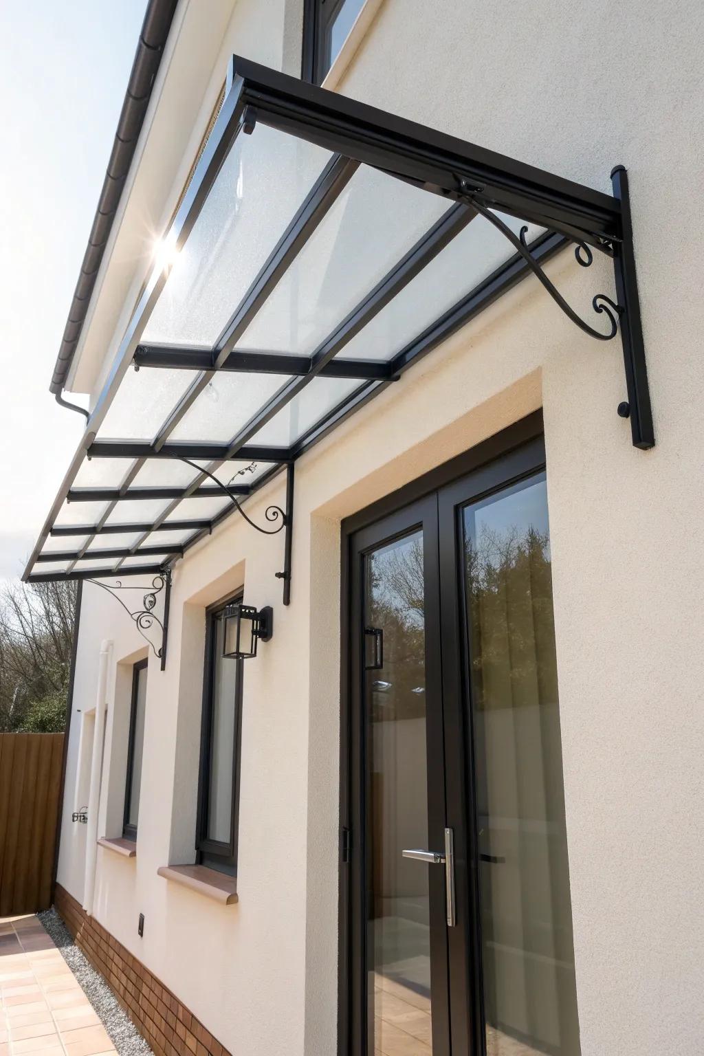 A translucent glass-style canopy keeps your entry protected while staying bright and airy.