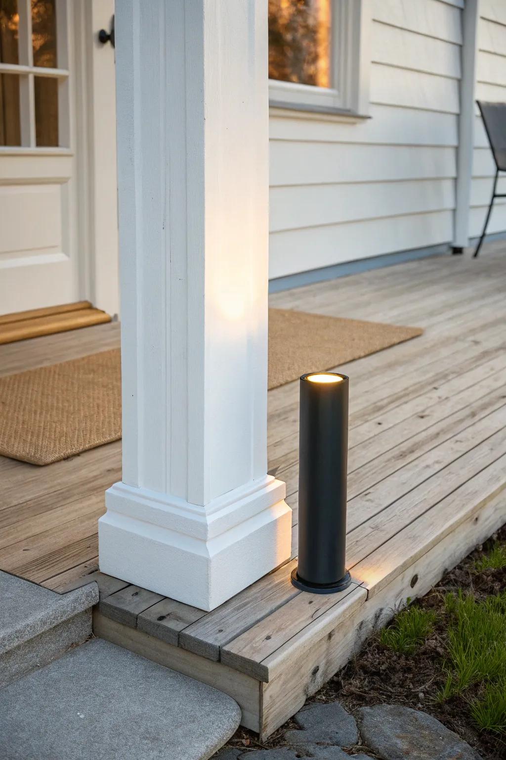 A single uplight at the column base adds height, texture, and instant porch drama.