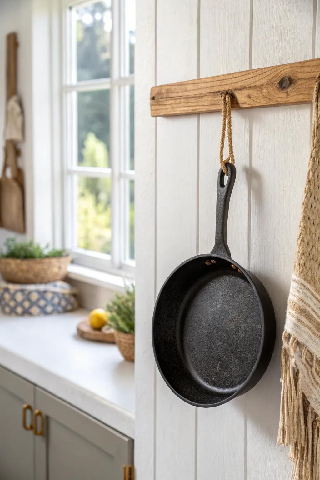 One sleek wall rail and a hanging skillet—extra storage by the stove with effortless style.