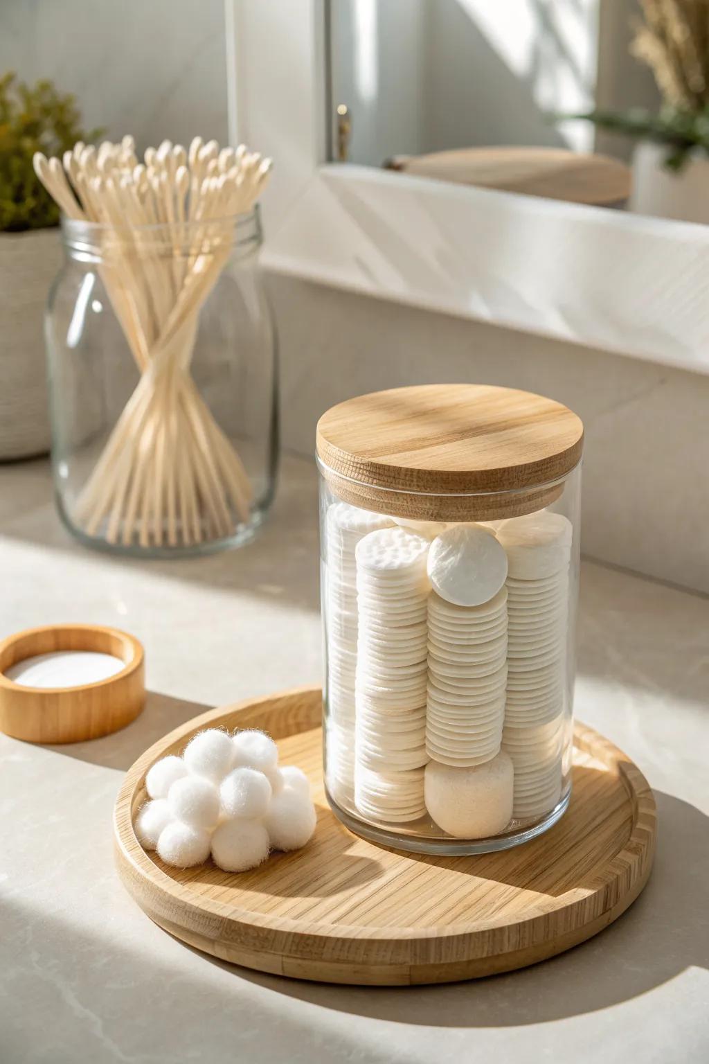 A pretty glass jar turns cotton rounds into chic, guest-ready powder room storage.