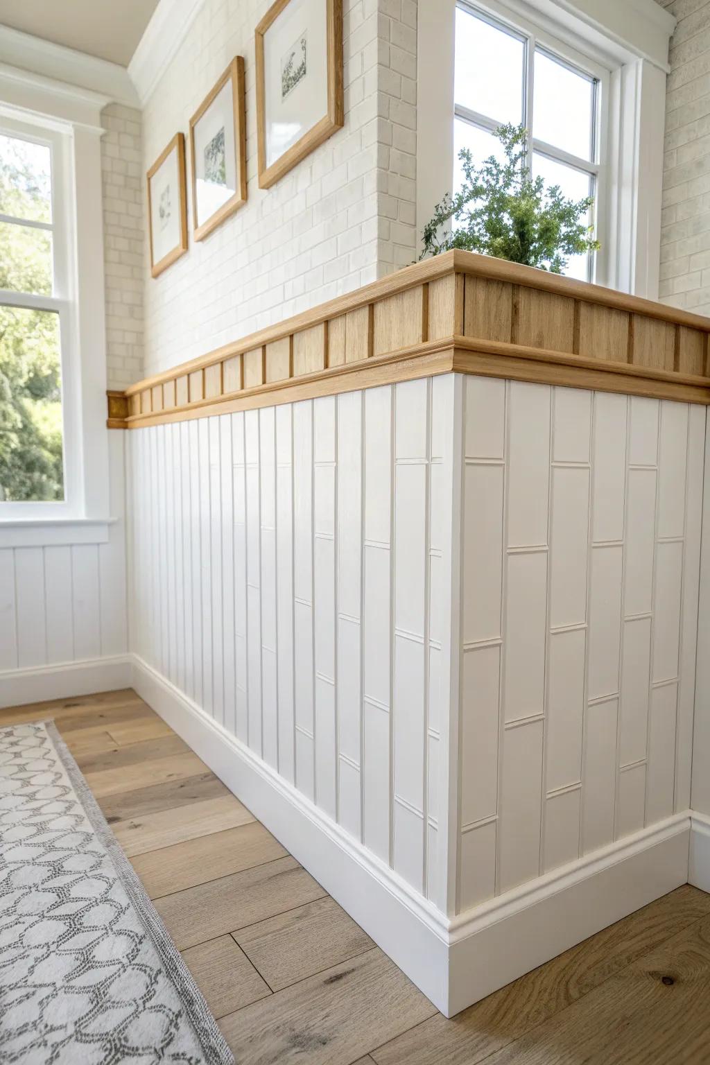 Half-wall zellige wainscoting adds texture while keeping your powder room light and tall.