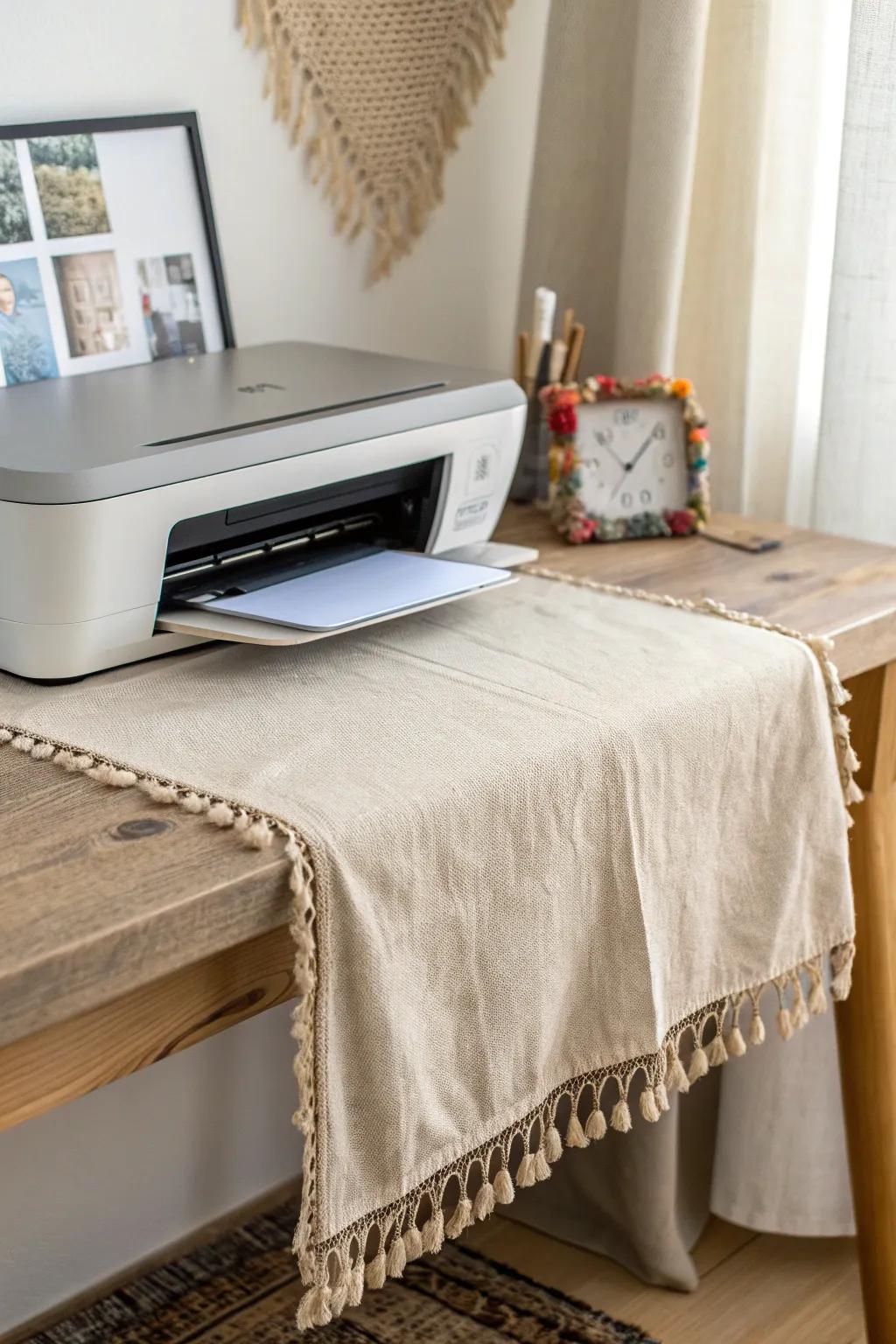 A linen printer cover instantly softens the look—minimal, cozy, and beautifully tidy.
