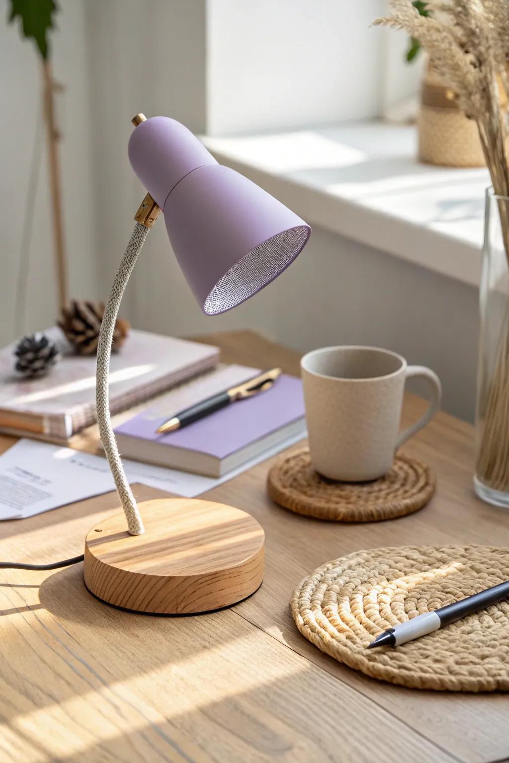 A matte lavender desk lamp on light oak—instant cute study-zone vibes for small dorm desks.