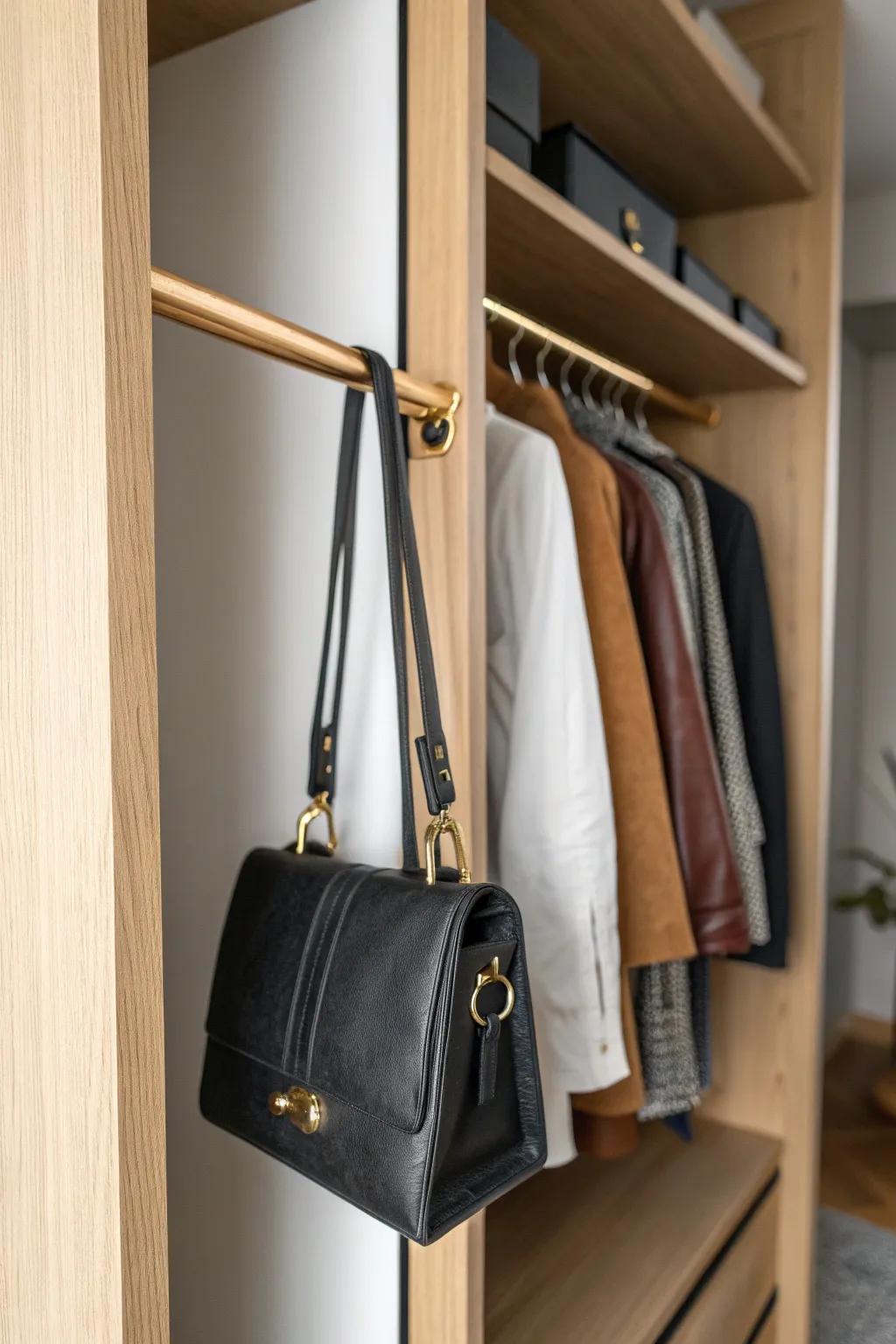 Double-rod closet zone: a dedicated lower rod keeps purses uncrushed, crisp-shaped, and easy to grab.