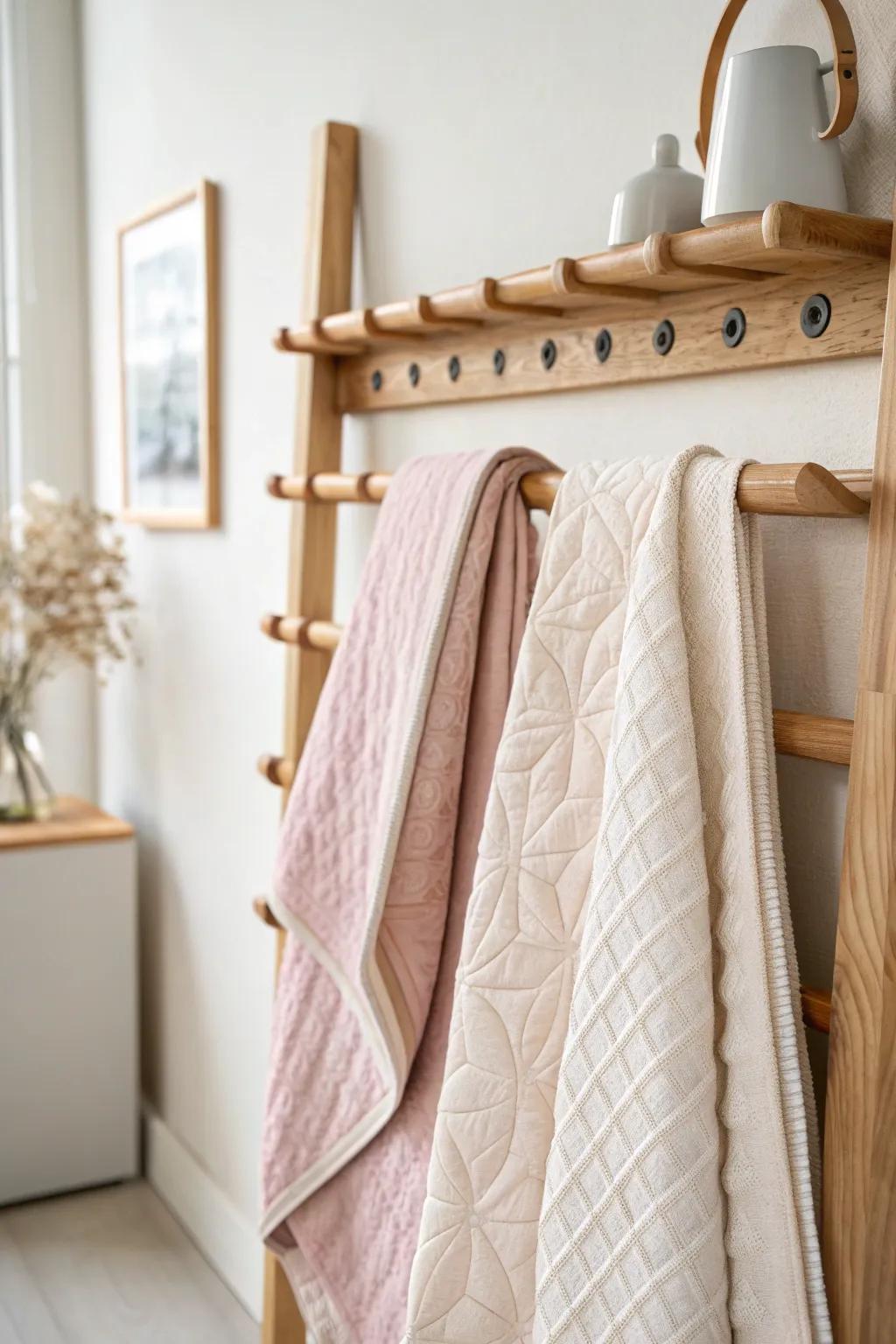 Minimal oak peg-rail quilt rack—display one cozy quilt with airy Scandinavian charm.