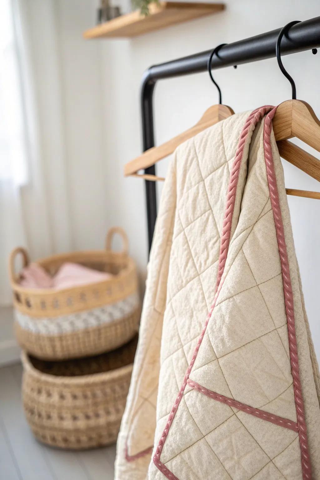 Store mini quilts like skirts—clip-hanger them in the closet to save shelf space.