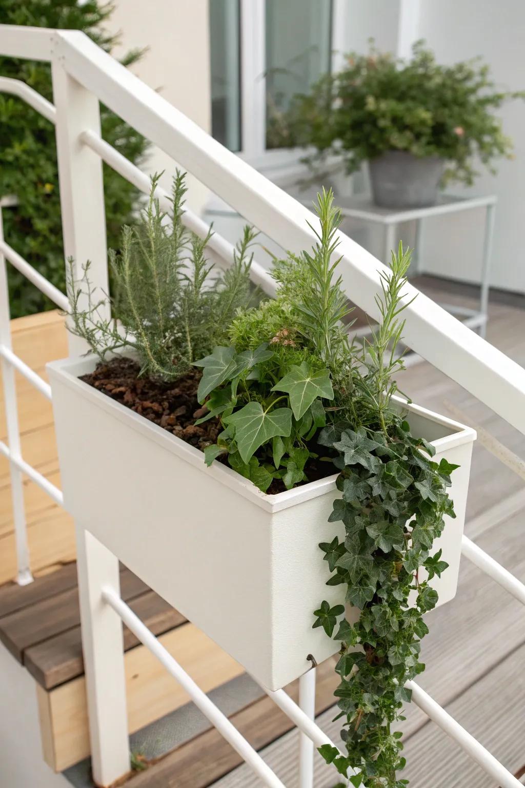 Corner-wrap railing planters form an L-shaped green feature wall that makes balconies feel bigger.