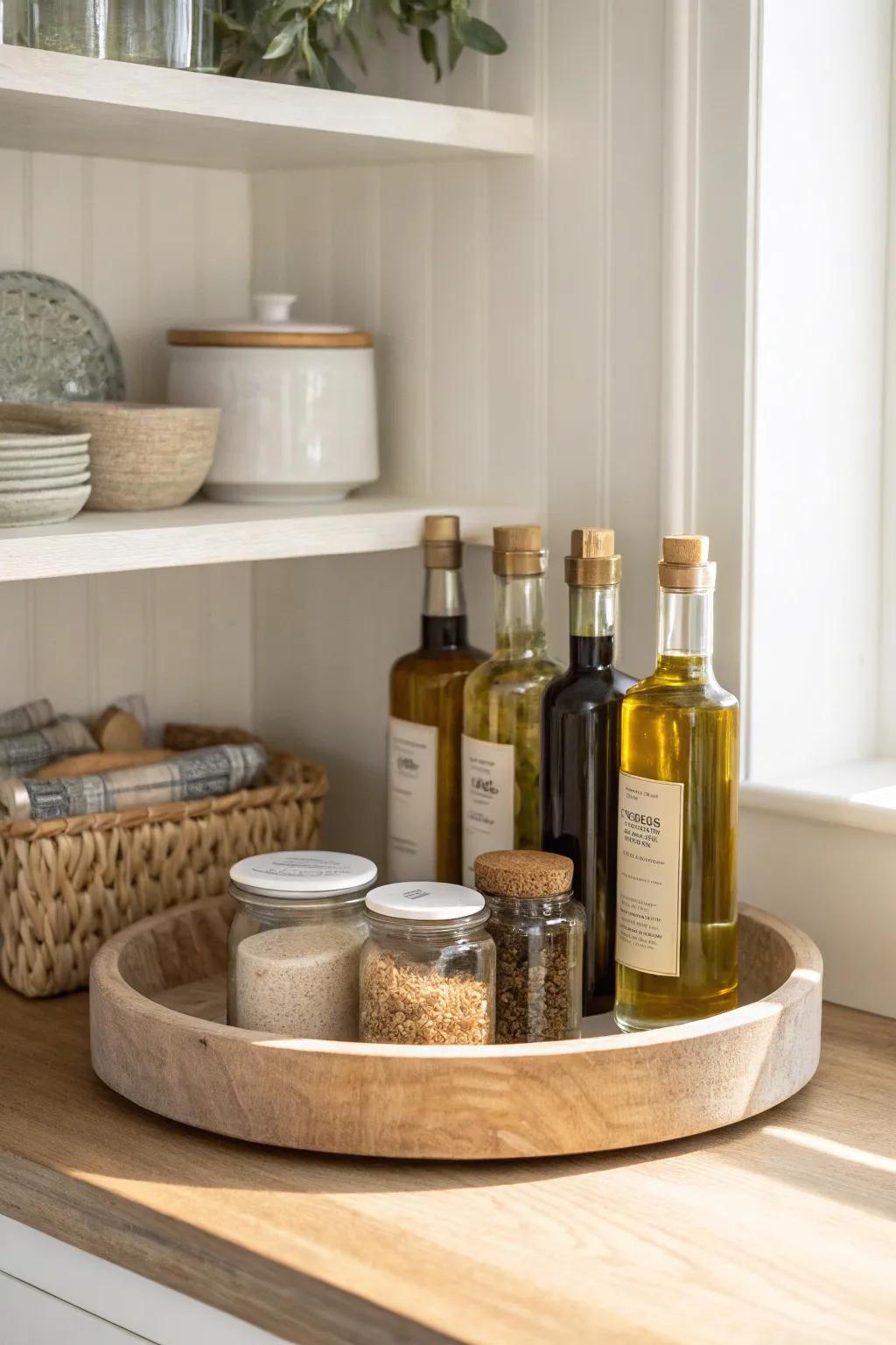 A simple lazy Susan turns that awkward pantry corner into an easy, beautifully styled grab zone.