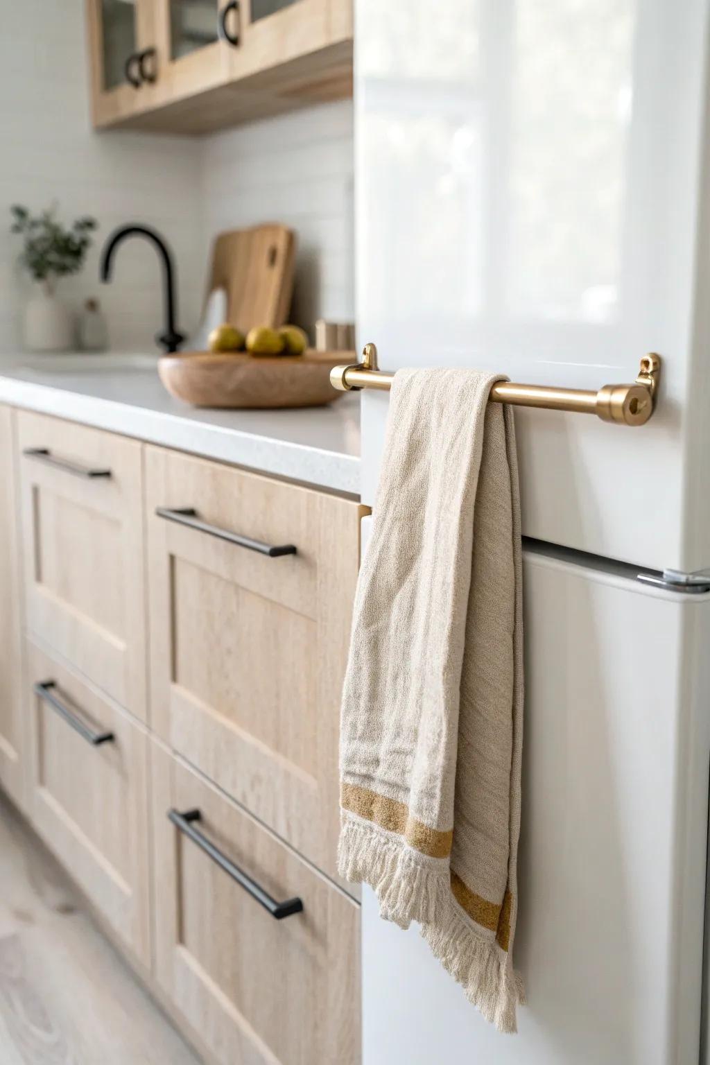 A slim towel bar on the fridge side keeps dish towels and mitts handy—no cluttered counters.