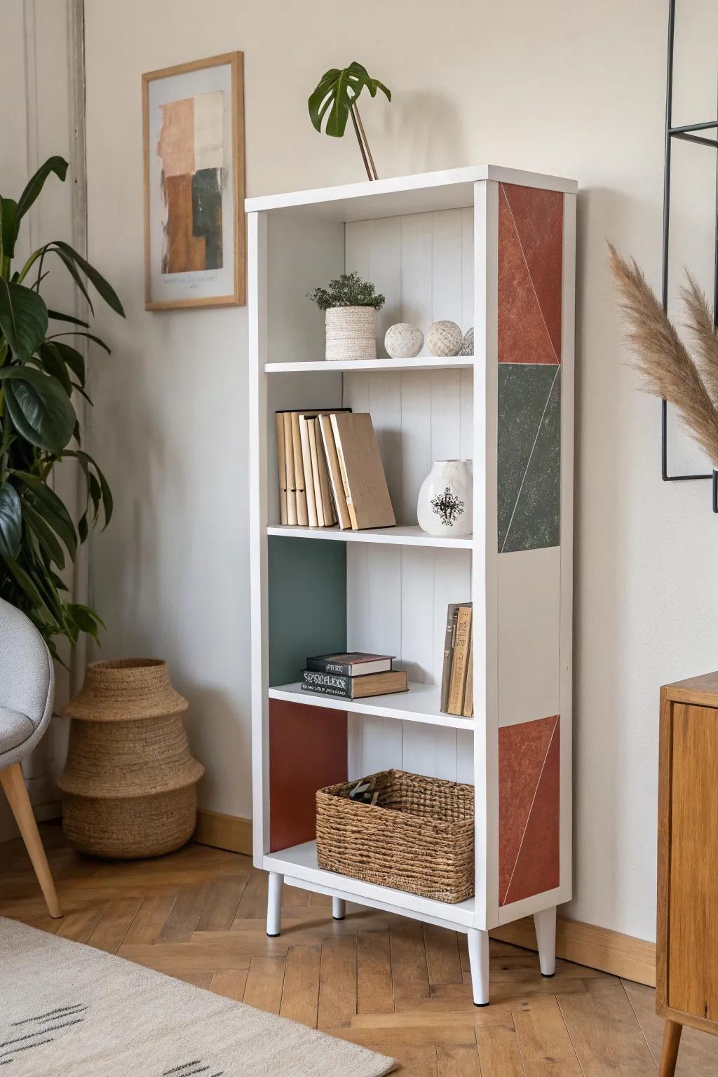 Graphic color-block frame turns a thrifted bookshelf into custom small-space storage.