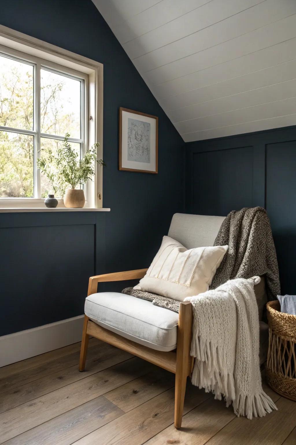 Deep corner paint + one pale linen chair makes a tucked-away cocoon for unwinding.