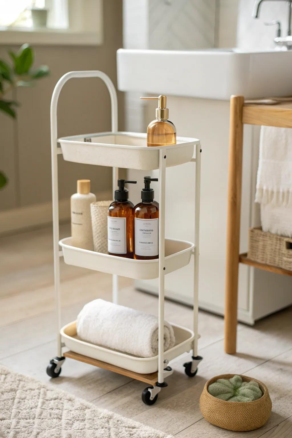 A slim rolling cart adds instant storage for skincare overflow—daily essentials on top, backups below.