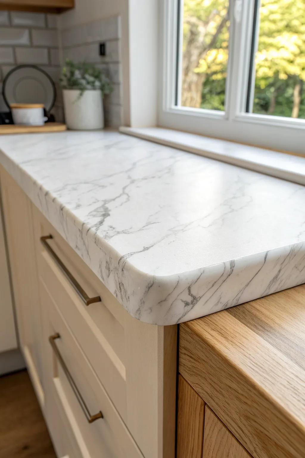 Instant countertop glow-up: removable film gives a clean marble look—perfect for renters.