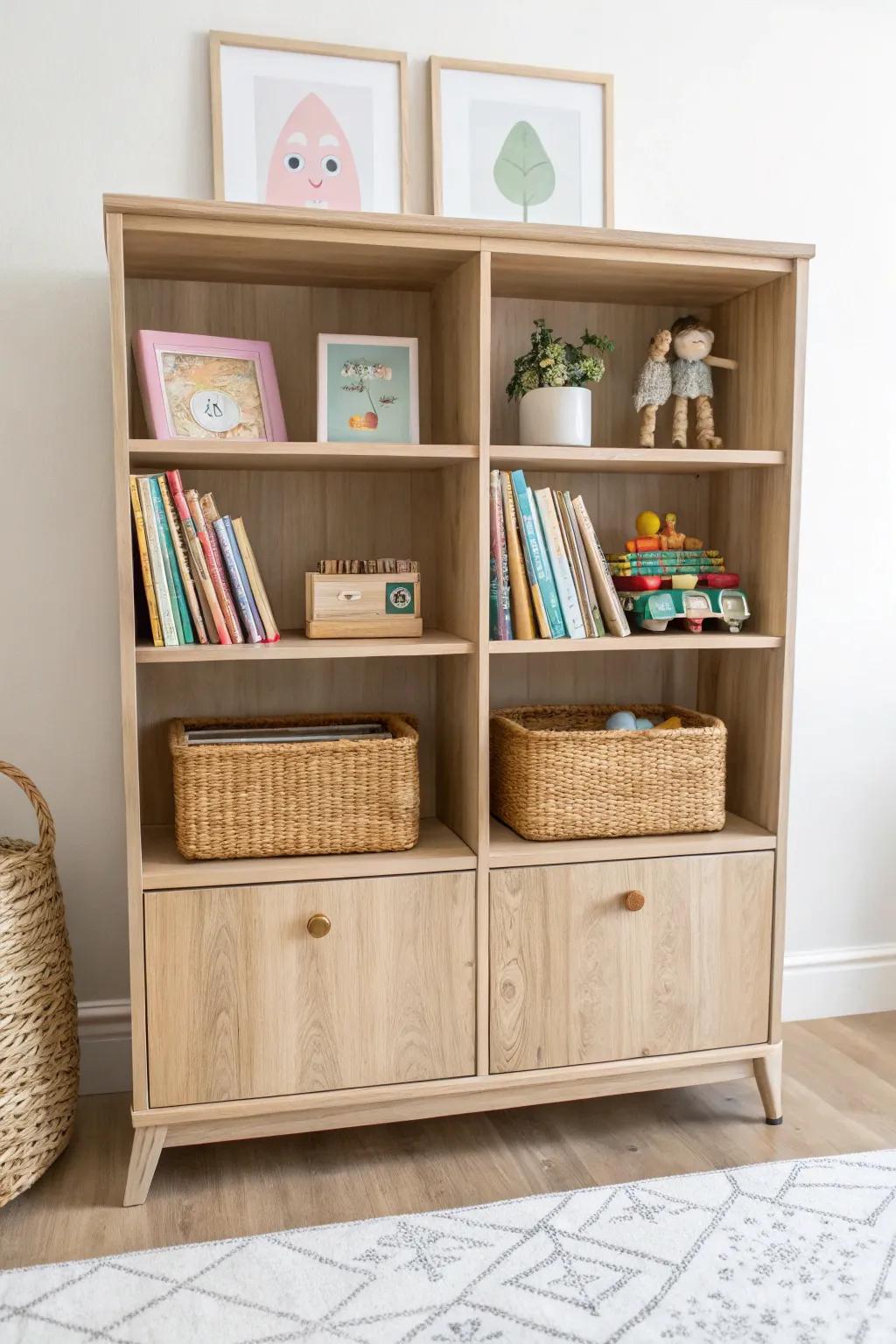 Repurposed entertainment center: picture books on top, woven baskets below for a 2-minute tidy.