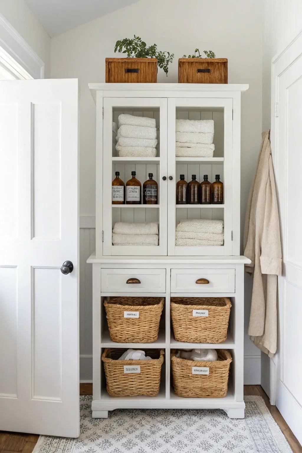 Repurposed china cabinet laundry station—labeled supplies up top, woven hampers below.
