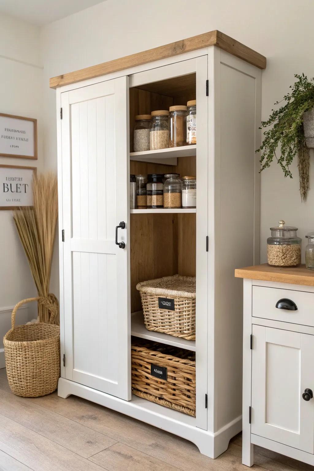 A reclaimed cabinet becomes a serene craft command center—organized inside, calm outside.