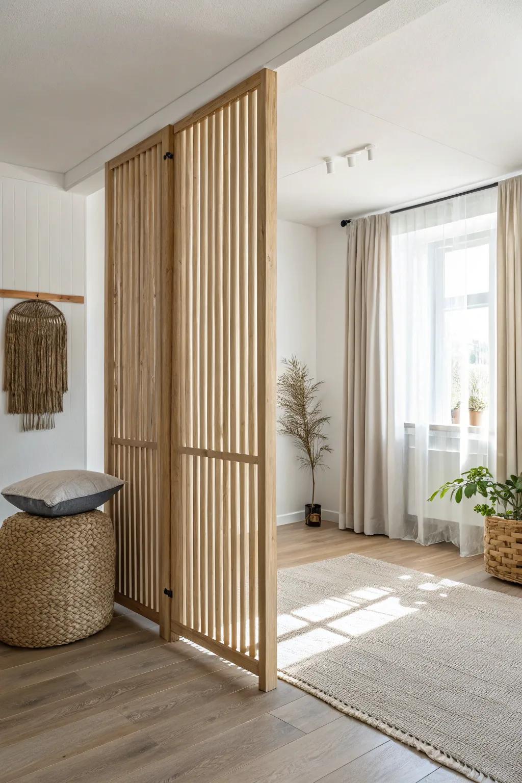 A half wall with ceiling-high vertical slats—privacy that stays light, airy, and custom.