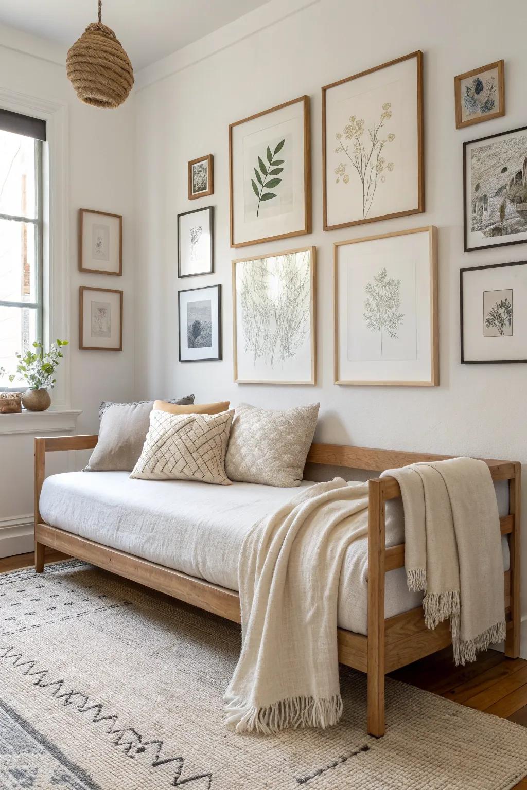 A daybed feels designed and grounded with a clean, neutral gallery wall above it.