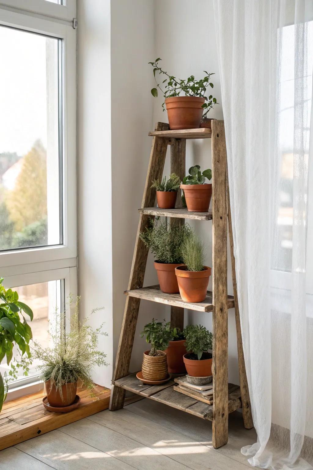 Rustic tiered corner shelf by the window—minimal, sunlit, and perfect for a tiny indoor garden.