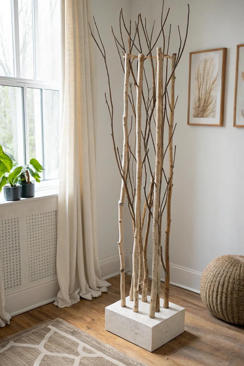 A branch “mini forest” divider—rustic, sculptural, and perfect for small-space zoning.