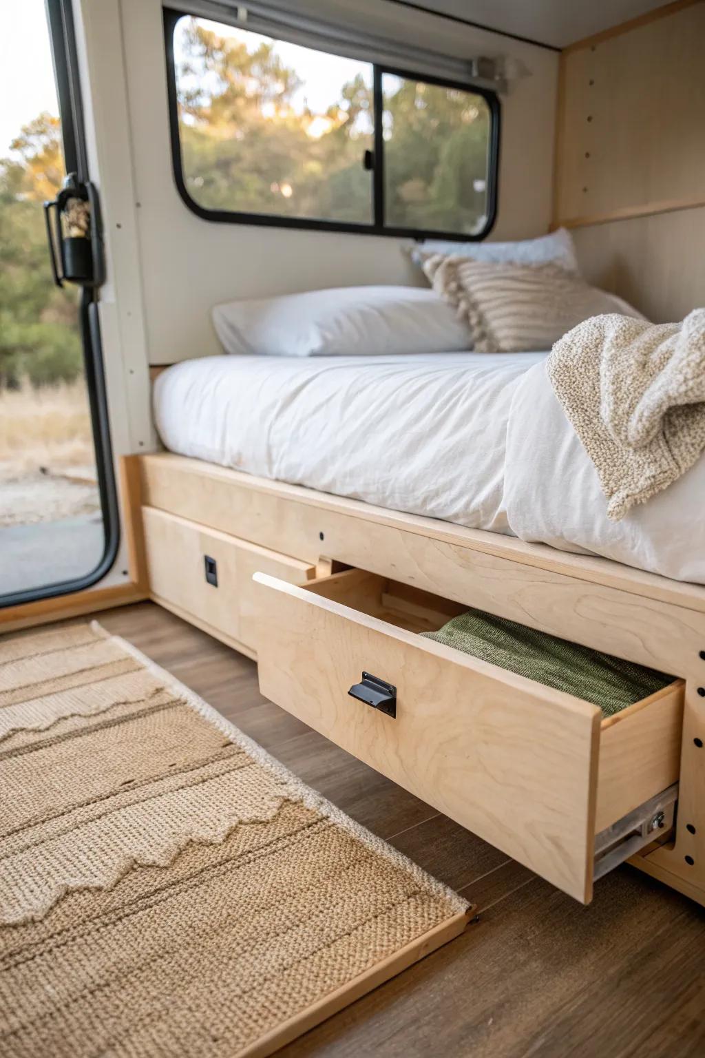 A hidden slide-out trundle turns your RV bed into a cozy bonus sleeper—clean, crafty, compact.