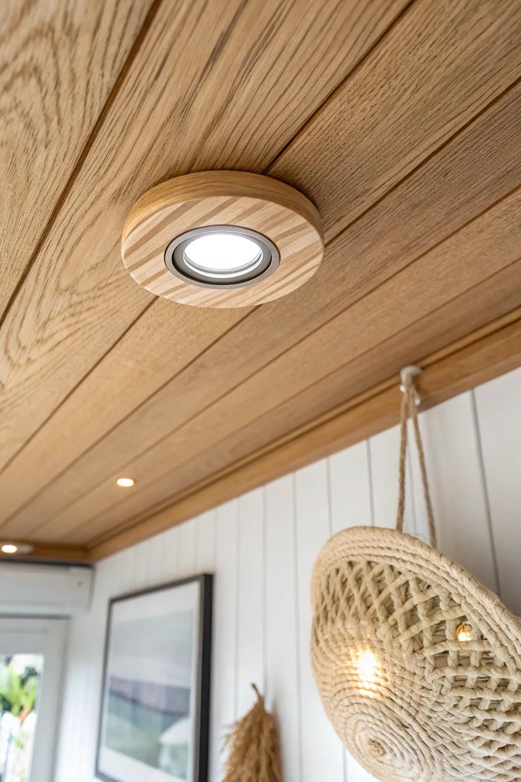 Flush-set puck lights in wood planks add a warm, even glow that makes an RV feel bigger.