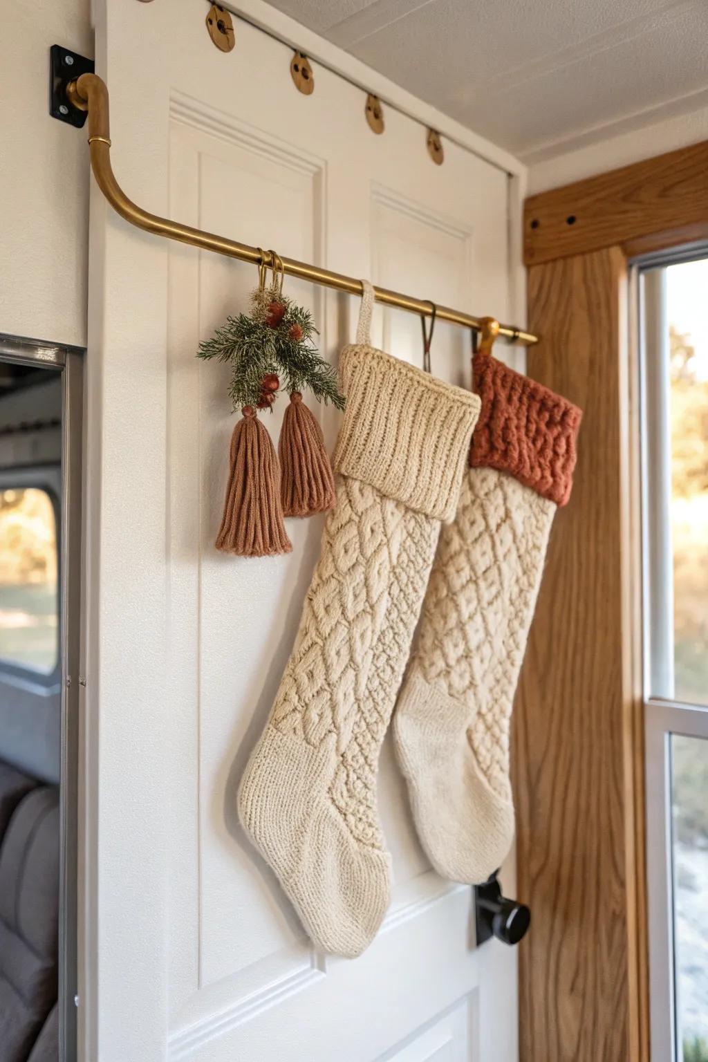 No mantel? A tension rod turns any RV doorway into a cozy, clutter-free stocking display.