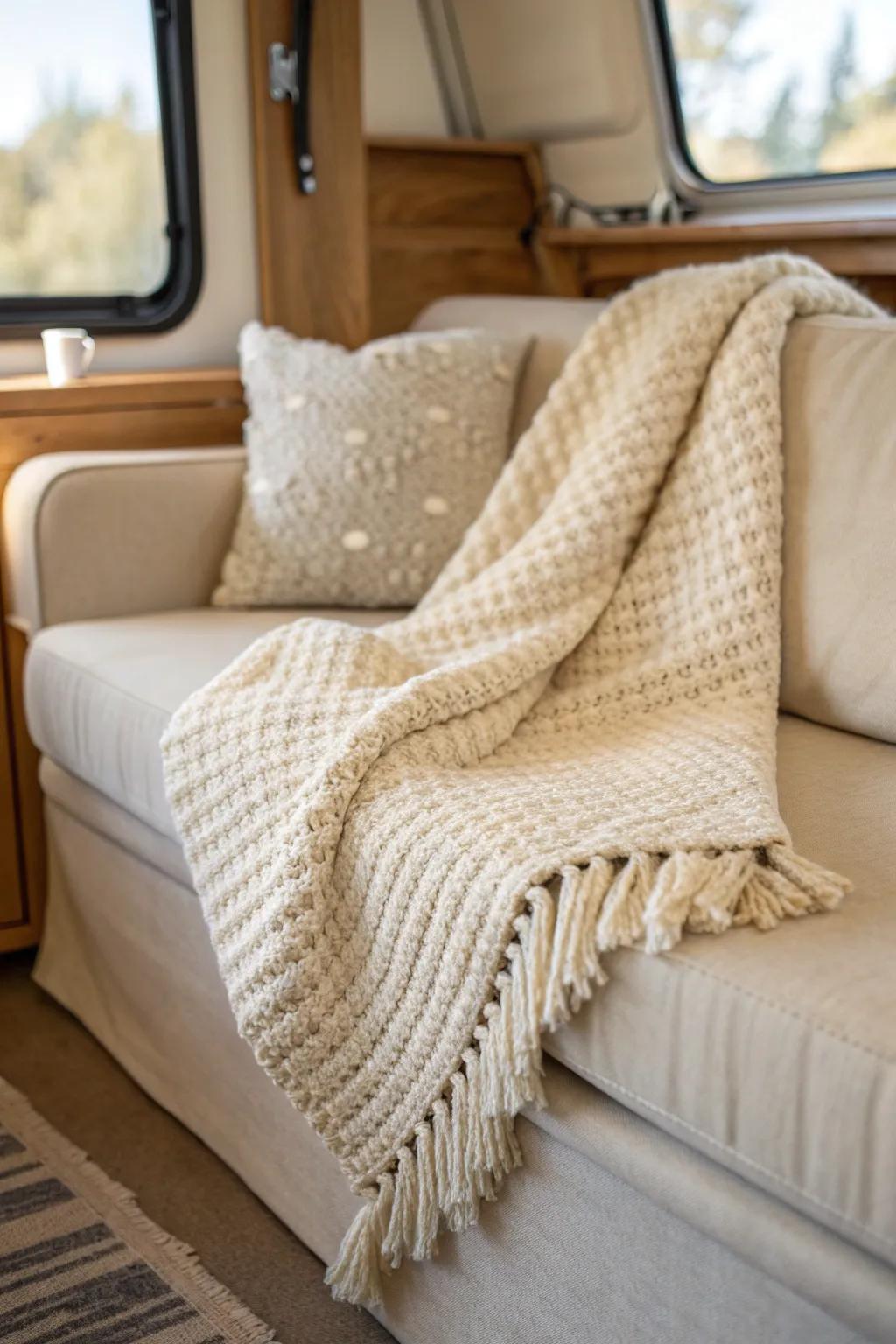 A chunky knit throw instantly cozyfies your RV couch—and hides worn armrests beautifully.