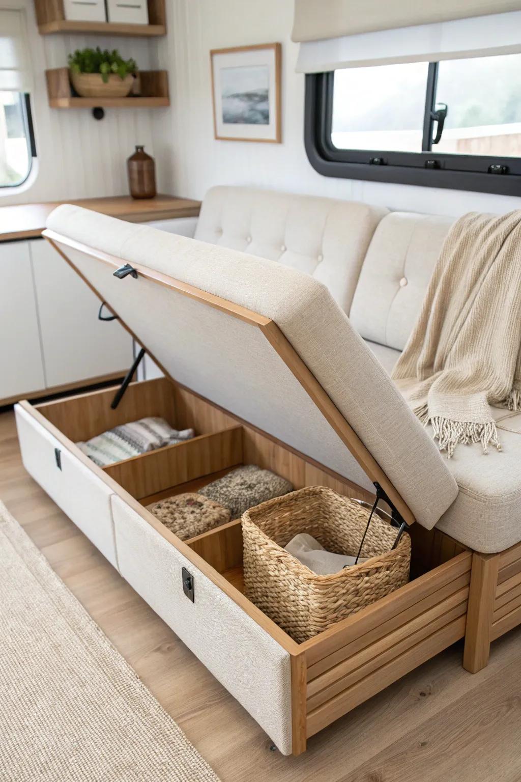 A compact RV sofa with lift-up under-seat storage—perfect for bedding, games, and less clutter.
