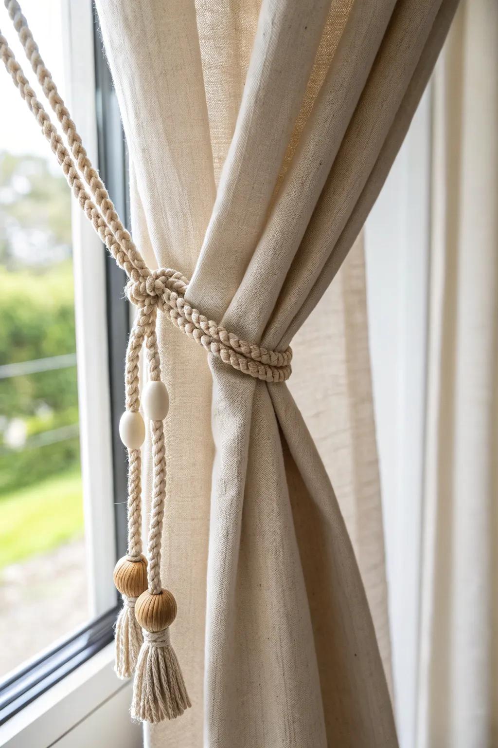 A simple macramé tieback keeps RV curtains neat, off the glass, and beautifully controlled.