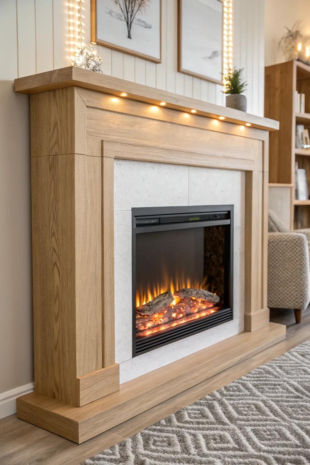 Soft white halo lighting makes an RV fireplace feel calmer, brighter, and beautifully built-in.