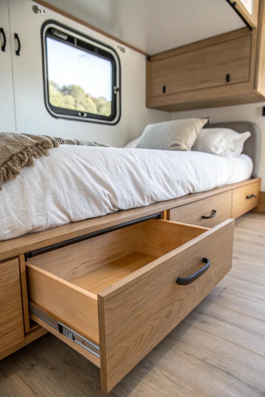 A slim pull-out under-bed drawer keeps your RV master bedroom tidy—no more hidden clutter.