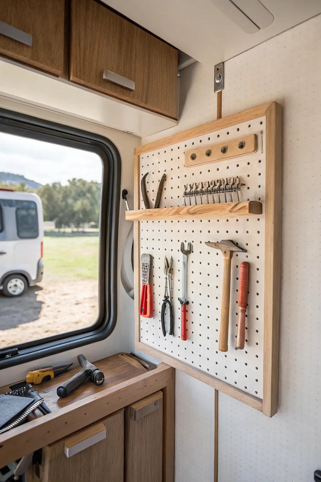 A slim pegboard tool wall turns RV pass‑through storage into an organized grab‑and‑go zone.