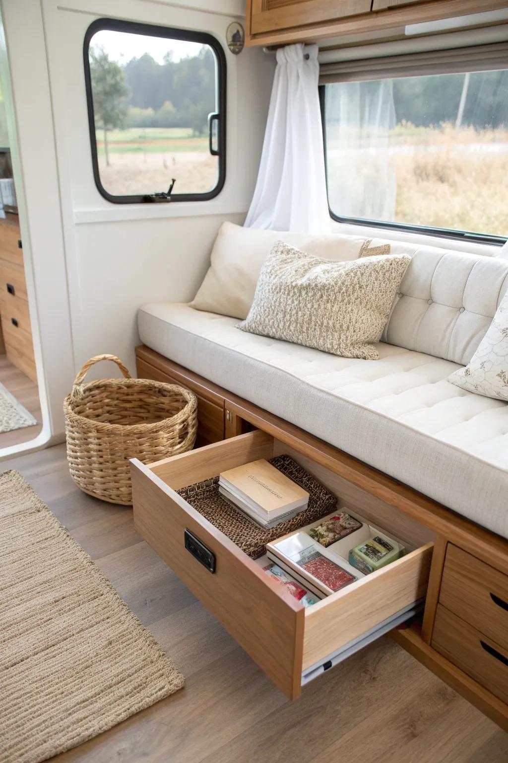 Hidden under-banquette storage: drawers for linens, games, and pantry extras in a small RV.